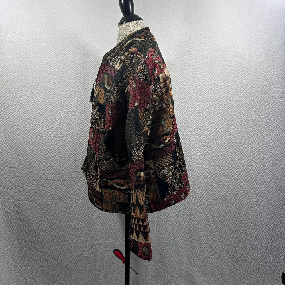 Vintage Tapestry Earth Tone Mandarin Full Zip jacket color blocked 2X - Picture 4 of 9